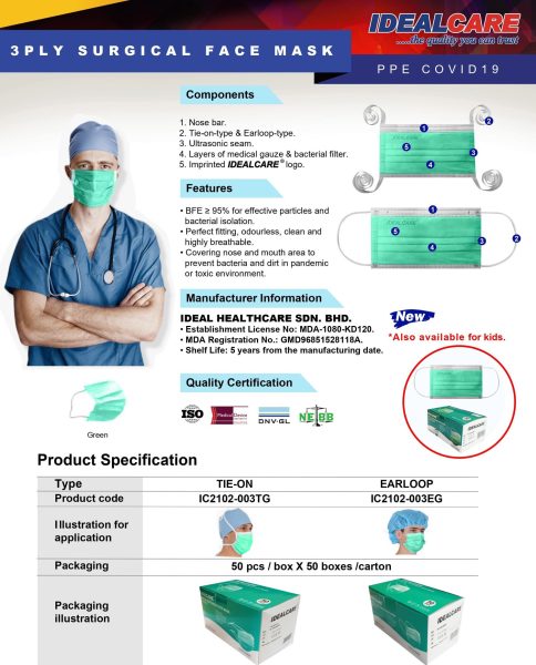 IDEALCARE DISPOSABLE 3PLY SURGICAL FACE MASK TIE-ON/EAR-LOOP 50'S (GREEN) - ORIGIN: MALAYSIA - Image 4
