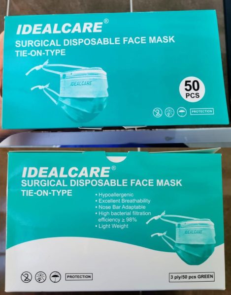 IDEALCARE DISPOSABLE 3PLY SURGICAL FACE MASK TIE-ON/EAR-LOOP 50'S (GREEN) - ORIGIN: MALAYSIA