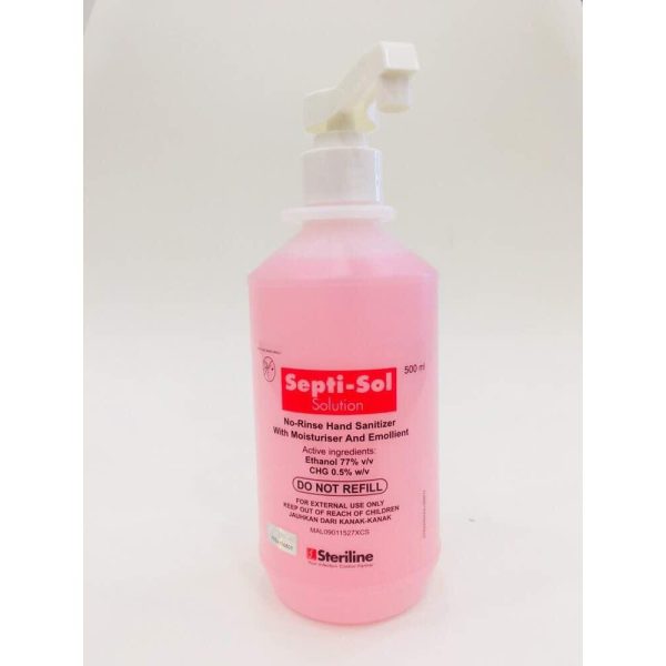 SEPTI-SOL SAFECARE NO-RINSE HAND SANITIZER SOLUTION 500ML (ETHANOL 77%, CHLORHEXIDINE 0.5%)