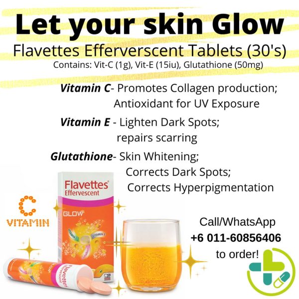FLAVETTES GLOW EFFERVESCENT TABLET 30'S ORANGE (VITAMIN C 1000MG, VITAMIN E 15IU, GLUTATHIONE 50MG) (EXP : 01/2023) - Image 2