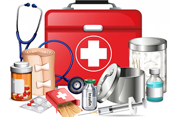 Image of First Aid Kit with stethoscope, roller bandage, red and white pills, plasters, bottle of insulin, syringe, aluminium tin, blue disinfectant in a bottle, and a box of cotton buds and cotton balls.